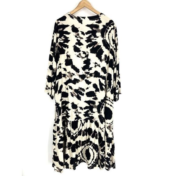 Alembika Dress Size 2 6-8 Black White Tribal Print 3/4 Sleeve V Neck Midi Shift - Picture 6 of 11